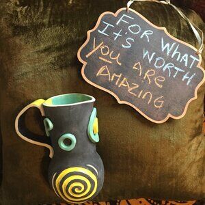 108-Handcrafted Whimsical FolkArt Pottery Pitcher